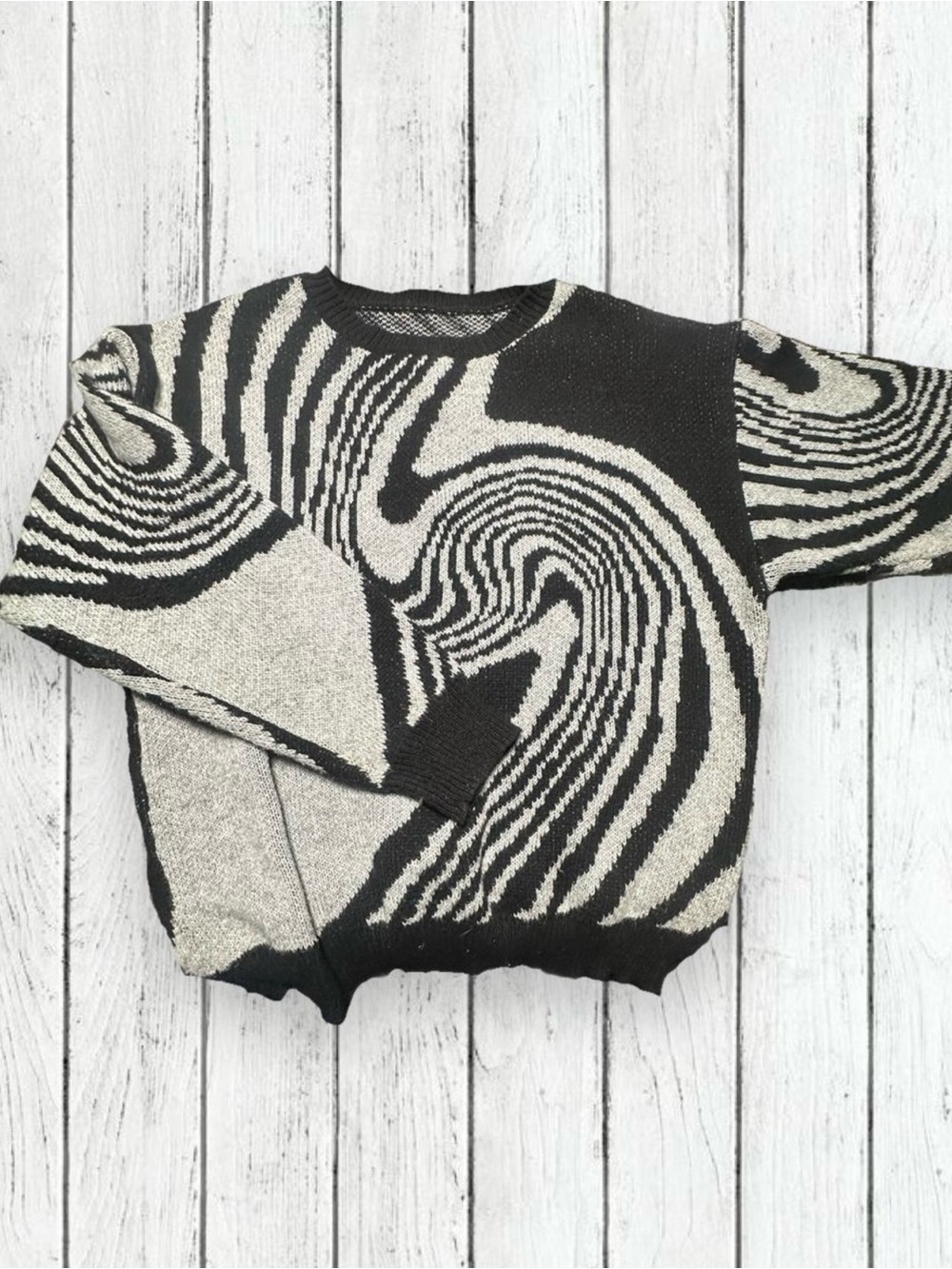 Black & Cream Abstract Pattern Crewneck Sweater
